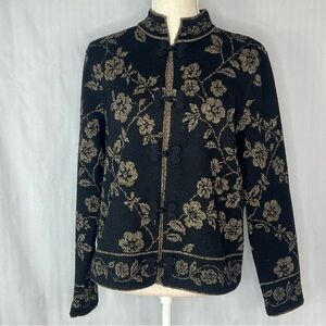 Talbots Cardigan/Jacket Black & Tan Embroidered Floral Knit Merino Wool EUC M